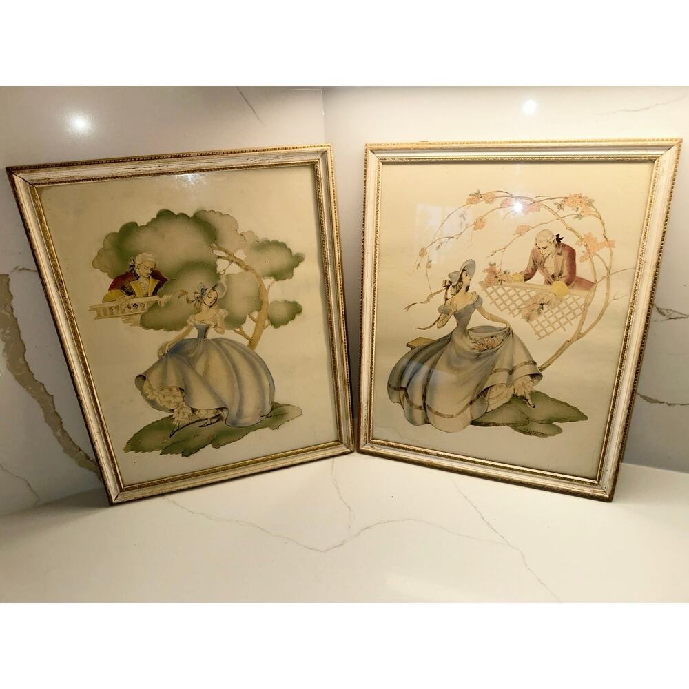 Victorian Watercolor Prints Maude Eggemeyer Courting Vintage Framed Art Set of 2